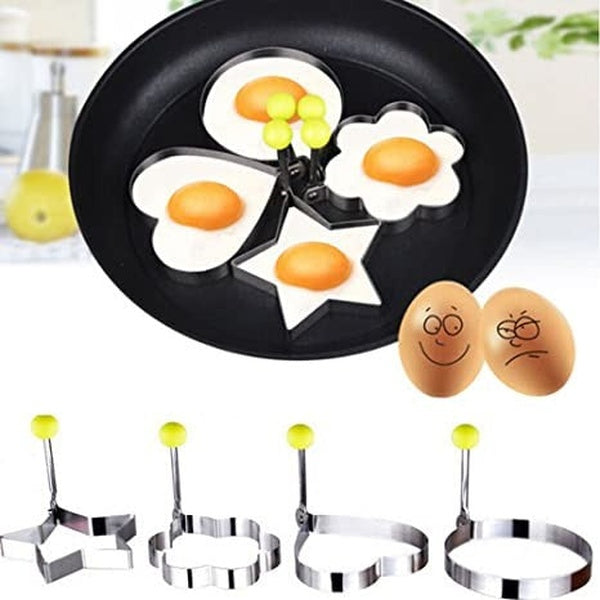 4PCs Stainless Steel Egg Ring Mold Set – Fun Shaped Fried Egg & Pancake Moulds (Star, Heart, Flower, Circle) for Creative Cooking