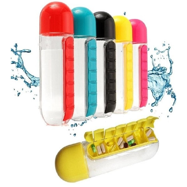 2-in-1 Medicine Organizer with Water Bottle – 7 Days Pill Box, 600ml BPA-Free Drinking Bottle, Removable Cup, Compact Travel Pill Planner for Kids, Adults & Elderly