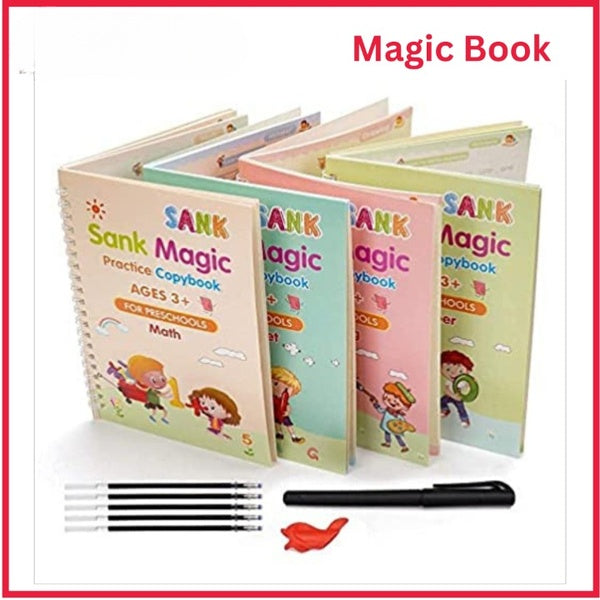 Set of 4 Sank Magic Learning Book with Magic Pen & 5 refills, Practice book For Montessori children Tracing Handwriting - GlowLaa.com