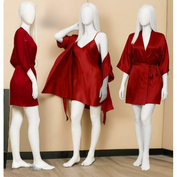 Premium Satin Sleepwear Set – Robe & Spaghetti Strap Nightdress Combo for Women – Free Size (DC-2004) - Maroon - GlowLaa.com