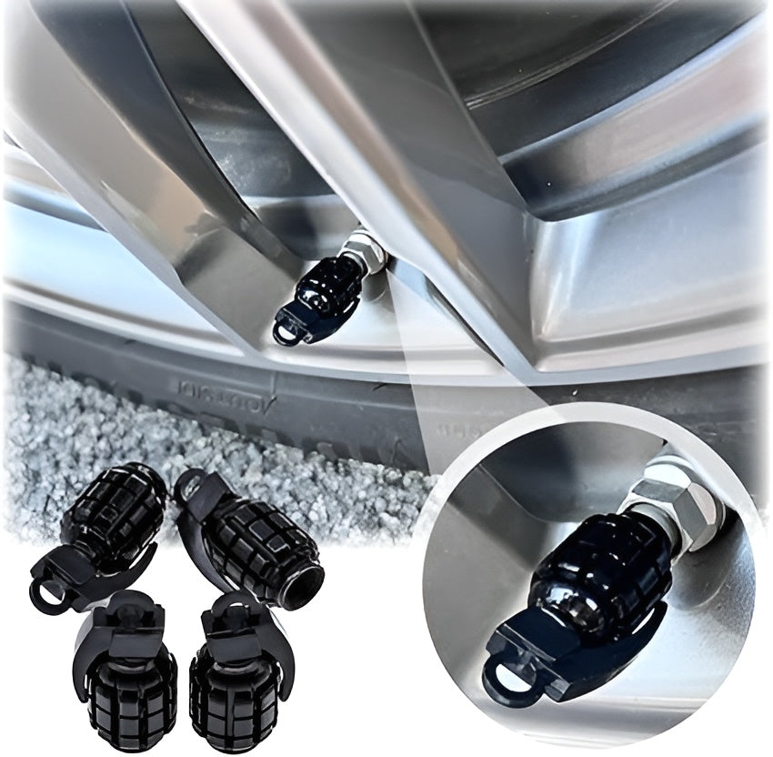 Pack of 2 - Grenade Tyre Air Valve Nozzle Caps for Car and Bikes (Golden)
