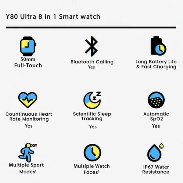 Y80 Ultra 8 in 1 Smart watch ,8 Straps 49MM Big Display (Random Colour)