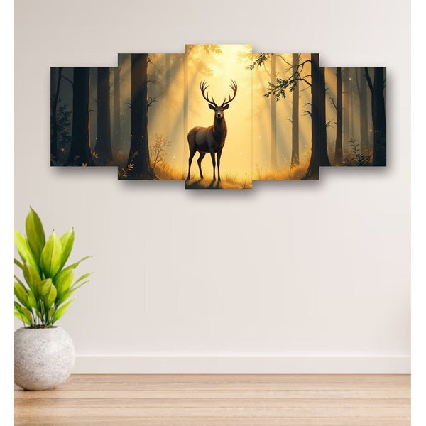 5-Piece Wooden Wall Frame – Deer in Forest Sunset Design | 16x40 Inch with Sticky Tiles