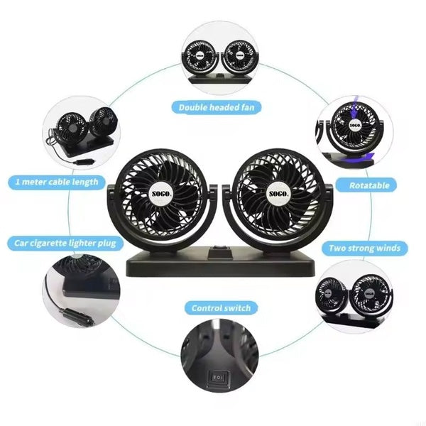 Car Fan Dual Head 4-Inch 12V/24V – 360° Rotating Low Noise Cooling Fan with Cigarette Lighter Plug – 100% Copper Motor – Universal for Cars, SUVs &amp; Trucks With Box - GlowLaa.com