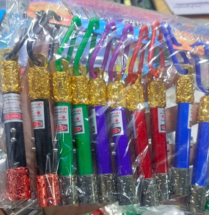 3 in 1 Laser &amp; LED Light With Keychain flashlight gold hoop stick flashlight (Random Color) - pack of 1