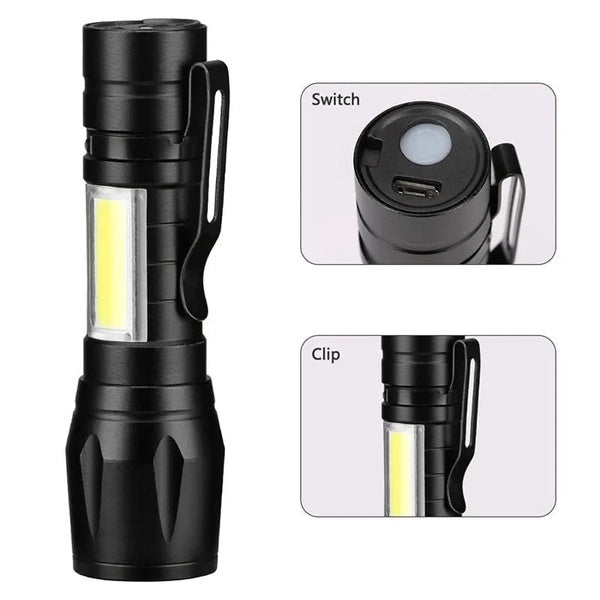 Mini Rechargeable LED Flashlight – Waterproof Torch with USB Fast Charging & Side Lamp - GlowLaa.com