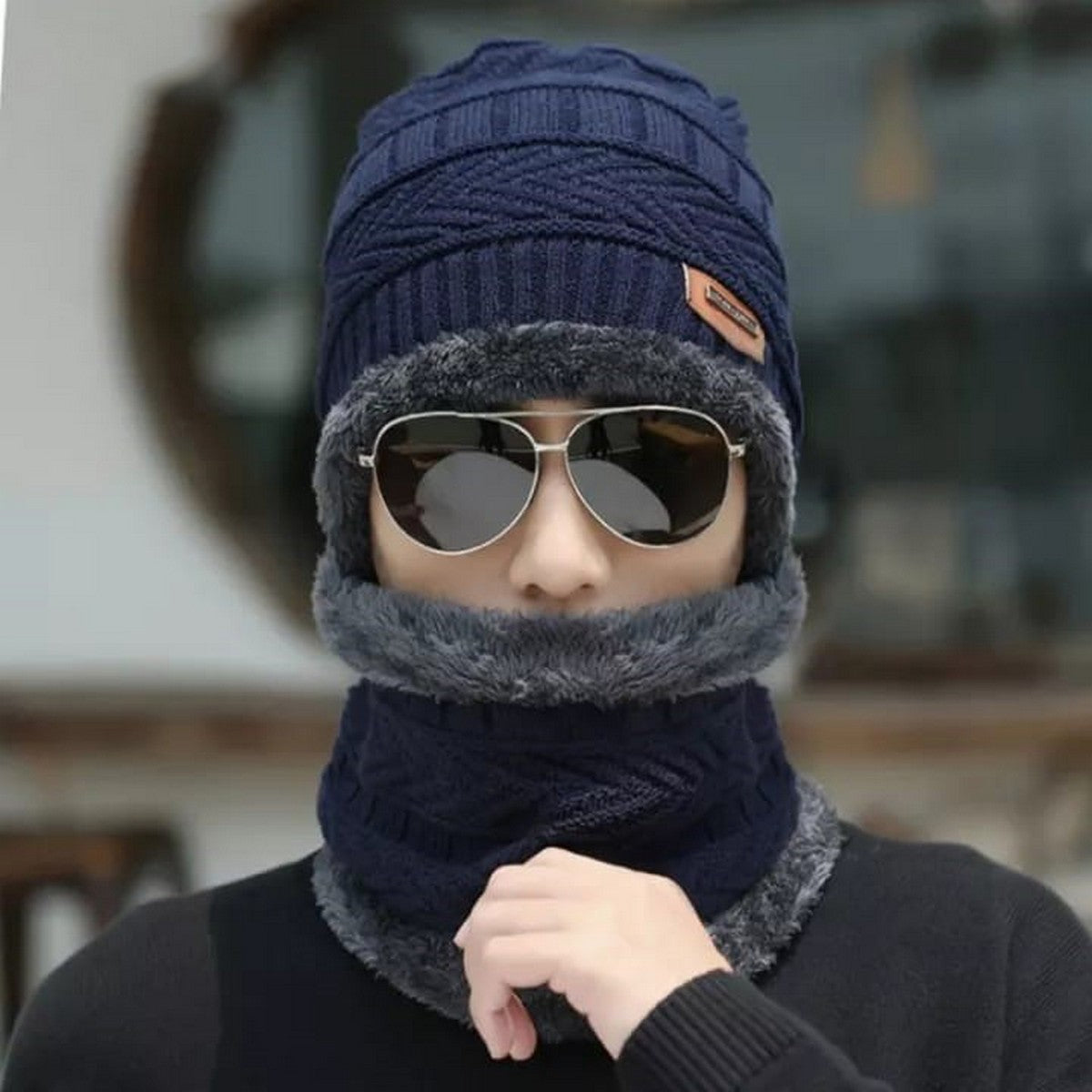 Winter Cap and neck Elastic Knitting Thick Fleece Warm Woolen Beanie Cap Sport Hat &amp; Neck Scarf Set 2 Piece(Random colors)