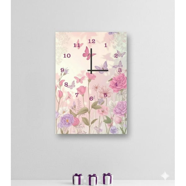 Floral Garden-Inspired Digital Printed Wooden Wall Clock – 12x16" Hanging Decor with Butterflies, Roses & Elegant Hook Mount - GlowLaa.com