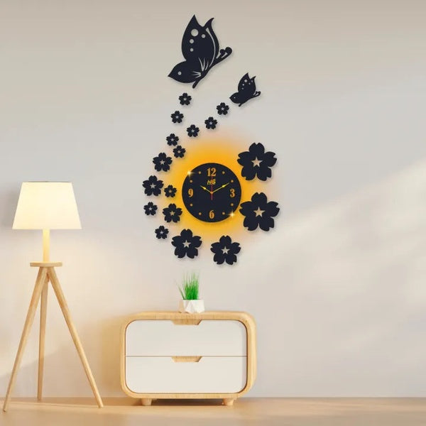 3d wall clock | Wall Clock With Wooden Butterflies  , Flowers  with light