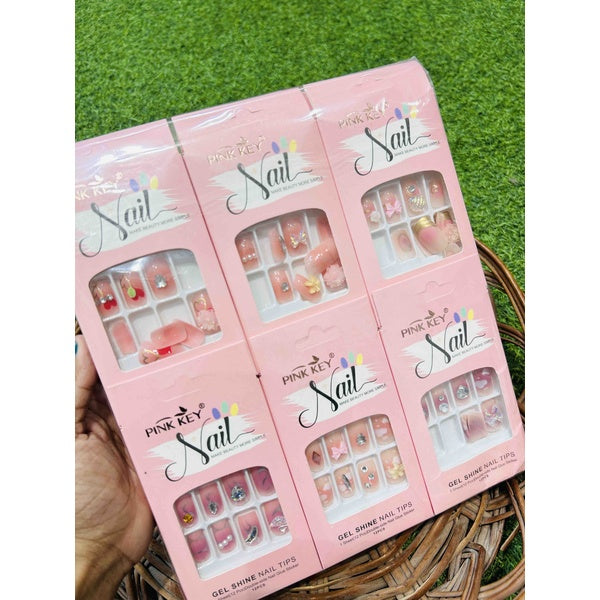 Pink Key STONES WORK NAILS Nails - Party, Wedding Nails (Random Design &amp; Color) - GlowLaa.com