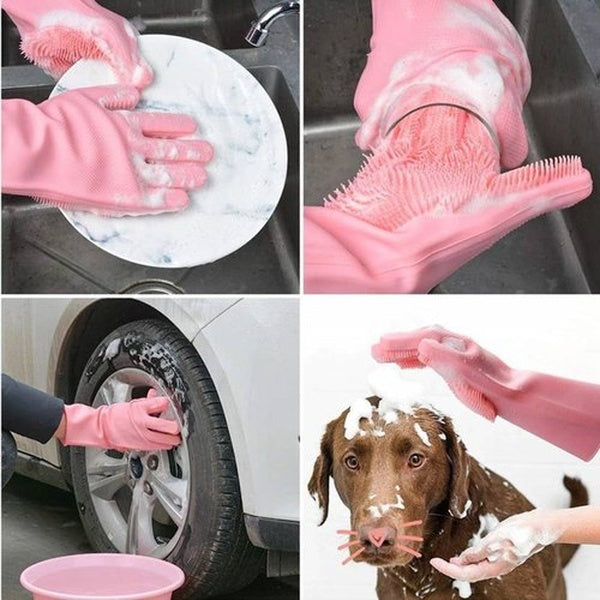 Magic Silicone Dish washing Gloves – Reusable Rubber Cleaning Gloves with Built-In Scrubber for Kitchen &amp; Household Use (Random color) - GlowLaa.com