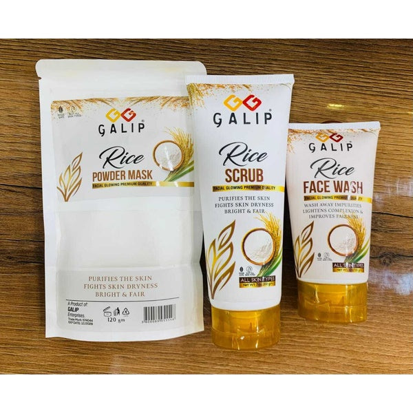 Galib Rice Facial Kit - 3-Step Skincare Set with Wash, Scrub, and Mask