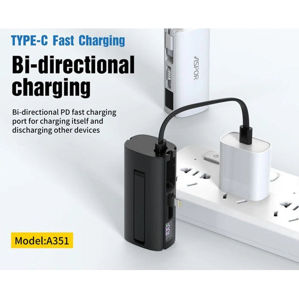 Aspor A351 2in1 Iphone &amp; Type-C Flexible Portable Mini 5000mah Power Bank - GlowLaa.com