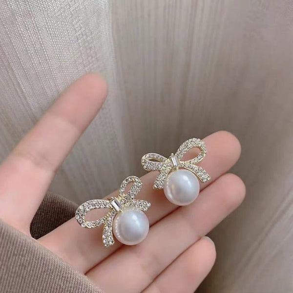 Bow Knot Pearl Earrings with Zircon – Korean Style (PJX-113) - GlowLaa.com