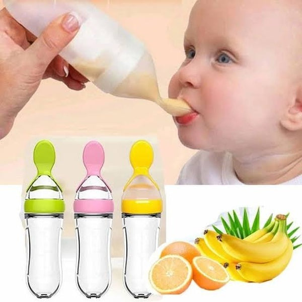 90ml Feeder With Spoon – Soft Silicone Baby Feeding Bottle With Spoon Dispenser For Easy And Mess Free Feeding (Random Color)