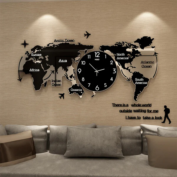 3D DIGITAL WORLD MAP WOODEN WALL CLOCK  24x24 inches