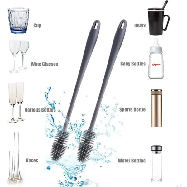 Silicone Feeder Bottle Brush Glass Brush Cup Brushes Long Handle | Silicone Bottle Cleaning Brush With Long Handler (Random color) - GlowLaa.com