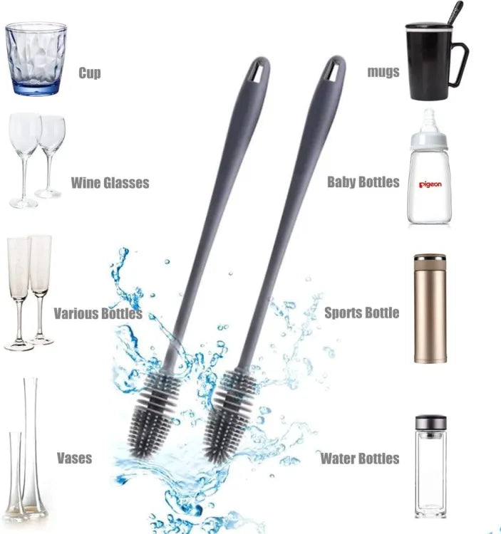 Silicone Feeder Bottle Brush Glass Brush Cup Brushes Long Handle | Silicone Bottle Cleaning Brush With Long Handler (Random color)
