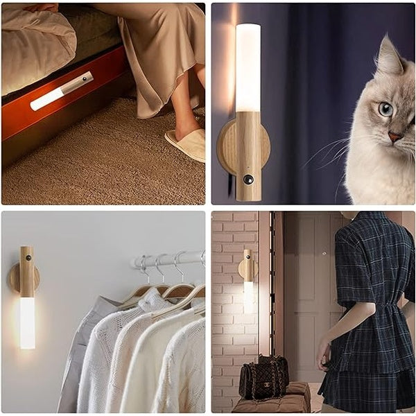 LED Wood Night Light PIR Motion Sensor Magnetic Wall Lamp USB Rechargeable Lights Home Staircase Bedroom Lamp Bedside Lighting