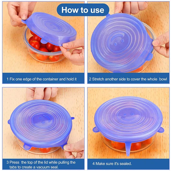 6Pcs Kitchen Reusable Silicone Seal Lid, Universal Silicone Stretch Lids for Food Preservation, Vacuum Food Storage, Bowl Cover and Cookware Cover for Kitchen and Home