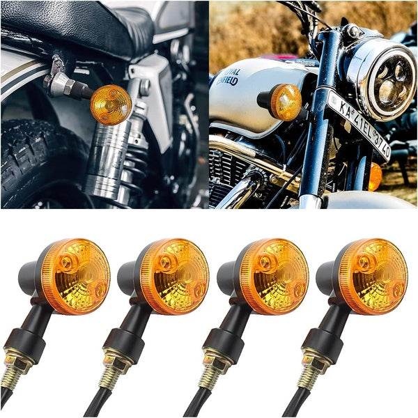 Pack of 4 Universal Motorcycle Turn Signal Indicators | Amber Isharay Lights | Round Fit for 70cc &amp; 125cc Bikes