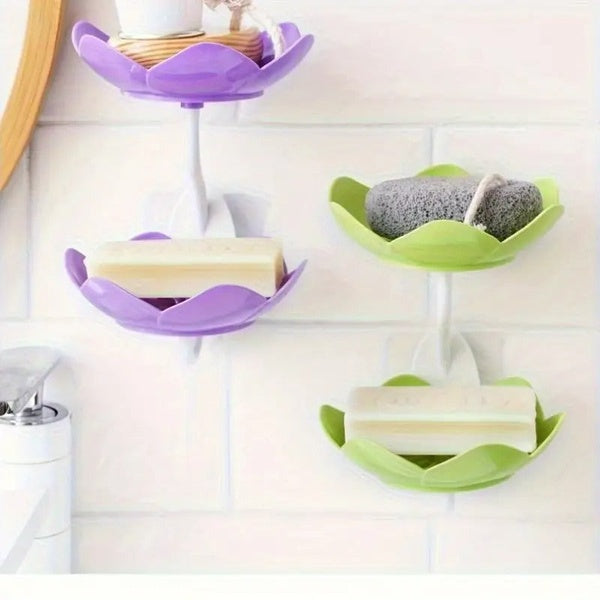 Multicolor Lotus Flower Soap Holder, Double Layer Wall-Mounted, No-Drill with Drainage, Quick-Dry Plastic Bathroom Organizer for Soap Storage, Soap Holder for Bathroom ( Random Color ) - 01 Stand - GlowLaa.com