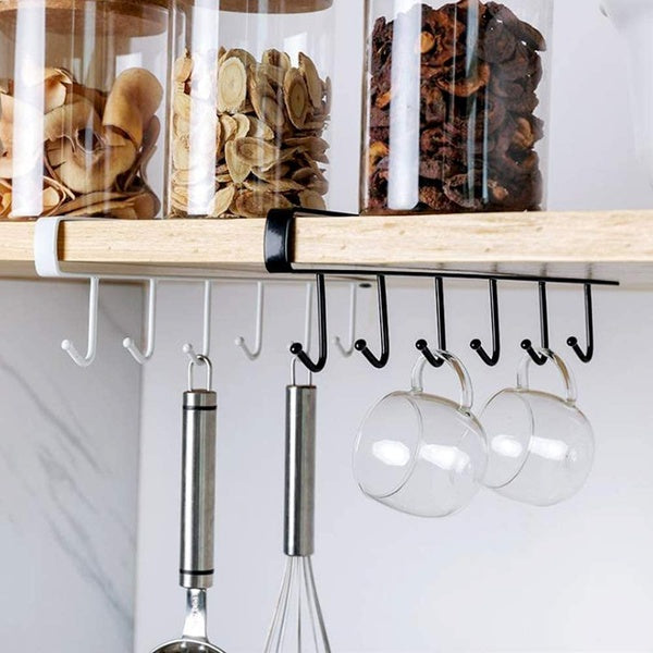 6-Hook Under-the-Shelf Mug Rack Kitchen Hanging Organizer (Random Color)