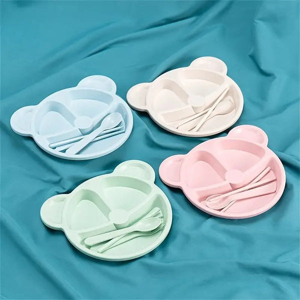 5 Pcs Bear Plate Set - Cartoon compartment dinner plate | Includes Divided Plate, Fork &amp; Spoon, Perfect For Toddlers &amp; Preschoolers (Random color)