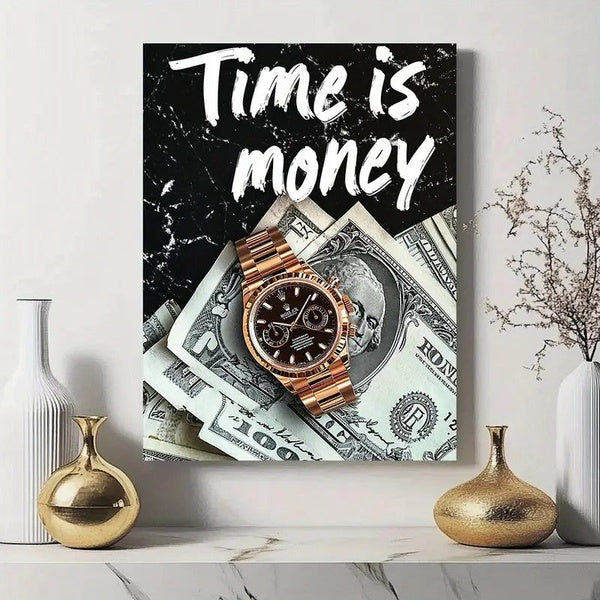 Luxury Wall Frame “Time is Money” | Wooden Sticky Tile Frame with Double Tape – 8x11 Inches - GlowLaa.com