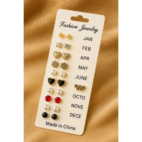 12 Pair Mixed Style Stud Earrings Set for Women – Golden Copper with Micro-Paved Cubic Zirconia – Trendy Fashion Jewelry