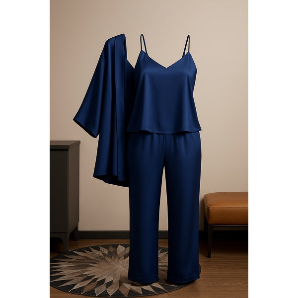 3-Piece Premium Satin Sleepwear Set for Women – Camisole, Pants &amp; Robe | Nightwear &amp; Loungewear | Free Size (DC-3002) - Maroon