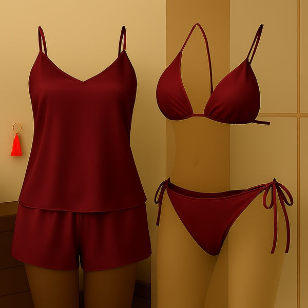 Premium Satin Sleepwear &amp; Lingerie Combo for Women | Camisole, Shorts &amp; Halter Bikini | Free Size | (DC-4002) - Maroon - GlowLaa.com