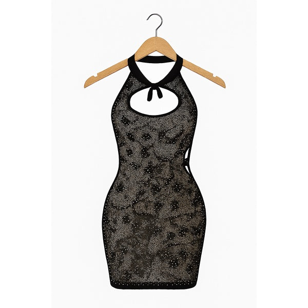 Sheer Glitter Halter Mini Dress – Keyhole Front, Open Back, Body Stocking Style (Black, Free Size) - GlowLaa.com