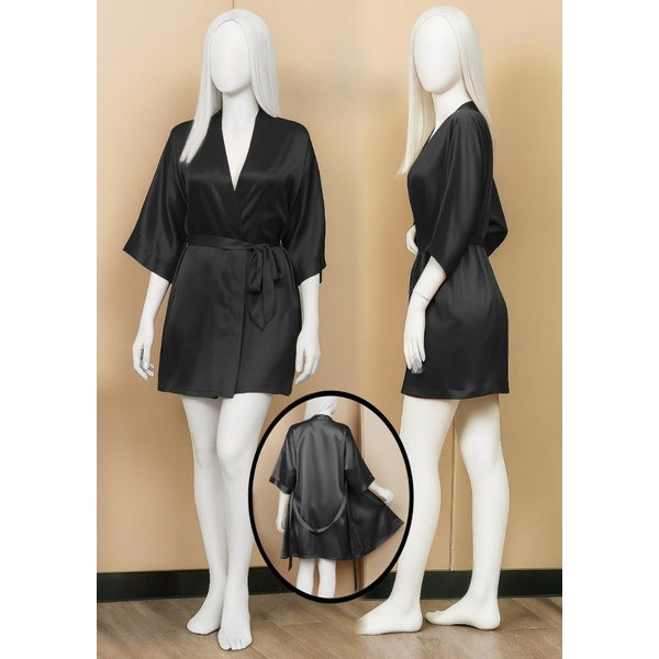 Satin Gown/Robe – Short Length with Waist Tie (DC-1001) - Black - GlowLaa.com