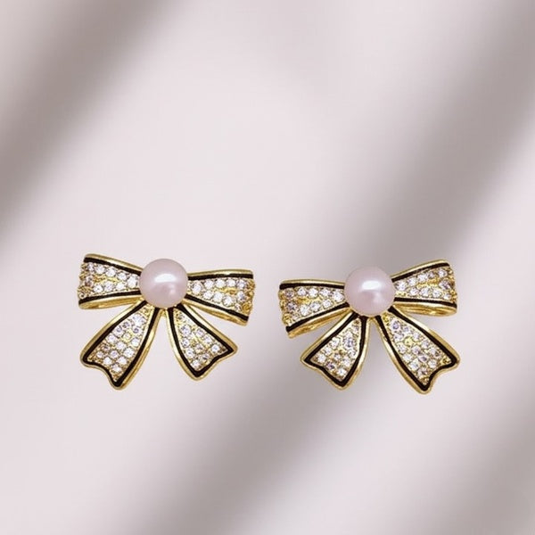 PJT-995 Bow Shape Zircon Pearl Earrings for Women – Korean Style Jewelry with Sparkling Zircon &amp; Classic Pearl Center | Available in Golden &amp; Silver | Perfect Gift for Parties, Weddings &amp; Everyday Fashion - Golden - GlowLaa.com