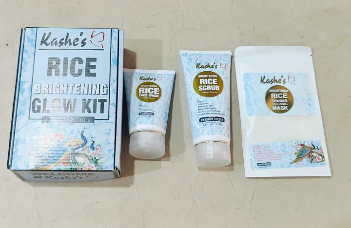 (pack of 4 ) Kashe's Rice Extract Bright +Kashees Foundation  &amp; Glow Kit ( Rice Face Wash + Rice Scrub + Rice Mask +Kashees Foundation  )