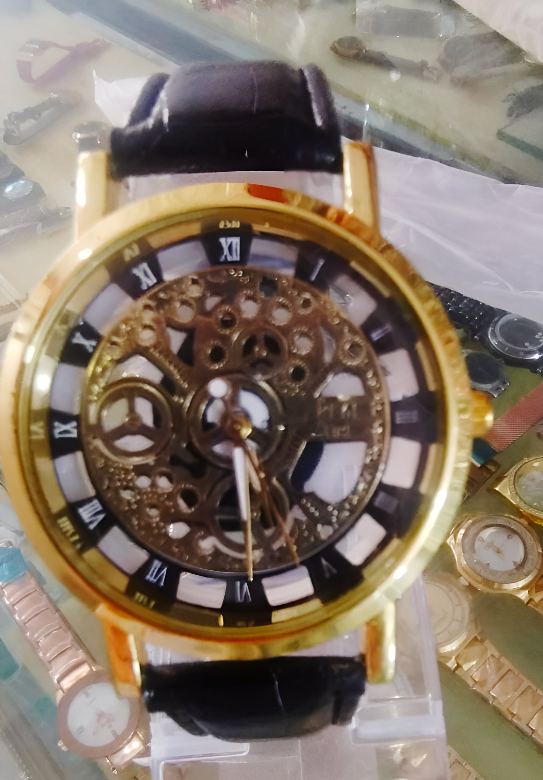 Stylish Leather Watch with Gold-Tone Stainless Dial &amp; Black Strap Without Box