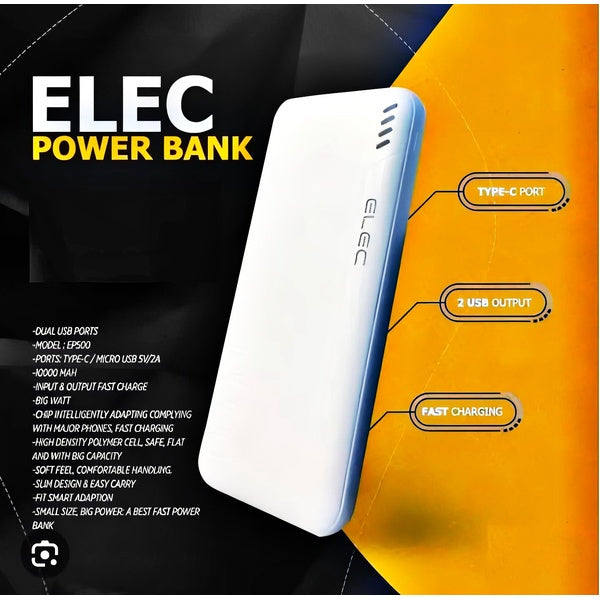 ELEC 10,000mAh Fast Charging Power Bank – White | Dual Type-A &amp; Type-C Output | With Box - GlowLaa.com