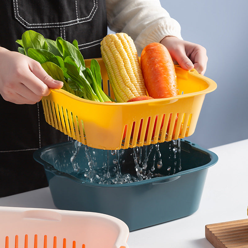 Multi-function Double-layer Draining Storage Basket with Lid | Kitchen Basket (Random Color)