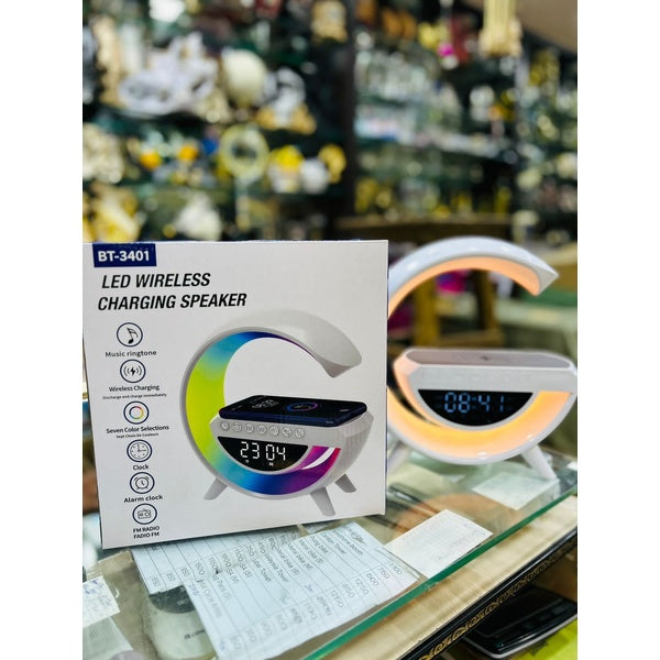 BT- 3401 Multi-functional LED Clock Display Speaker G Lamp | LED wireless charging speaker, G-shaped speaker light, Bluetooth Mp3 player, night light and alarm clock, for living room