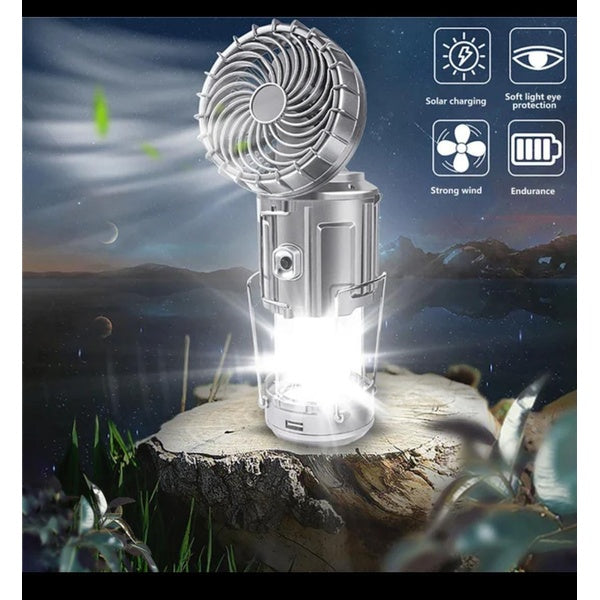 6 in 1 portable outdoor LED camping lantern with fan solar charge rechargeable light energy saving tent lamp flashlight