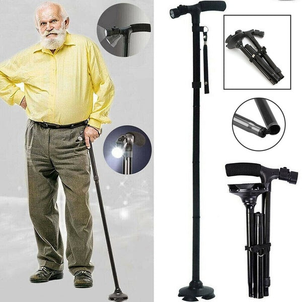 Portable Folding Walking Stick with Led Light &amp; Aluminium Handle For Adults or old Peoples Black