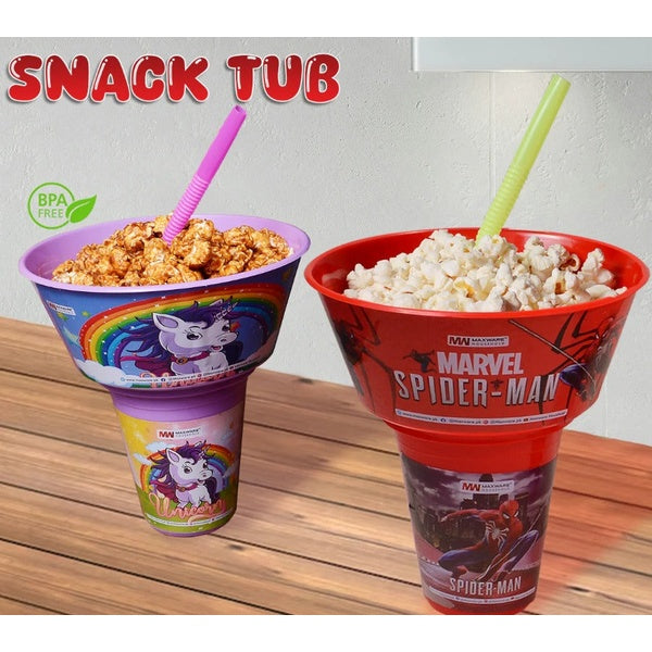 2 in 1 Snack Tub with Straw Glass For Kids Frozen Barbie Unicorn Encanto Roblox Characters For Kids (random color &amp; Character)