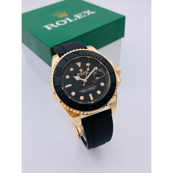 ( Golden ) Rolex Stylish Watch for Men Adjustable Rubber Strap | Heavy Master Lock | Steel Buzzle Working - Without Box
