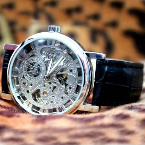 Skeleton watch  Stylish Watch leather strap ( Without Box ) - black - GlowLaa.com