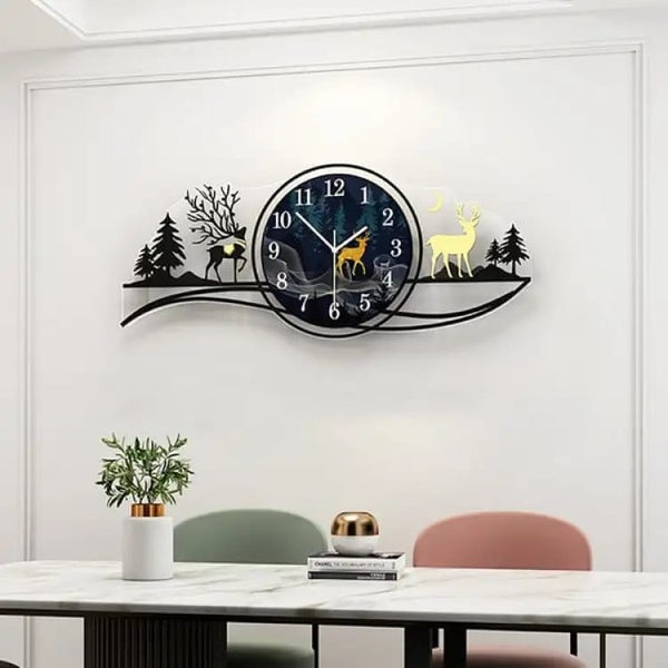 forest figure Deer  3d wood Wall clock blue jungle with light  Fancy Clocks for Bedroom and Drawing Room(with light)