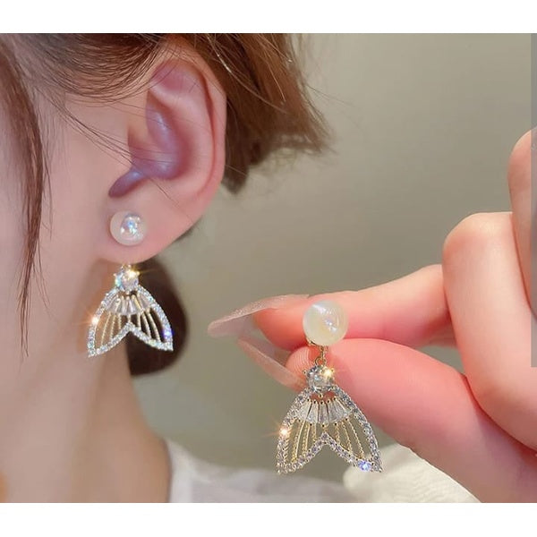 Golden Fishtail Luxury Sparkling Crystal Rhinestones Pearl Earrings for Women Girls - GlowLaa.com