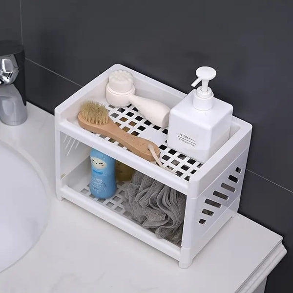 Desktop Double-Layer Plastic Storage Holder Rack Cosmetic Box Kitchen Bathroom Desk Shelf Organizer Office Supplies Stationery (Random Color) - GlowLaa.com