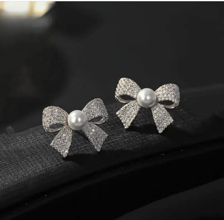Korean  Elegant Zircon Bow style Earrings Pearl style Bow Earrings For Girls - Silver