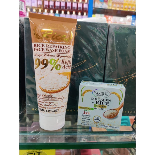 Kit 2 Pcs Deep Facial Cleanser And Repairer With Rice Extract Eliminates Fats And Impurities 150ML Yardlie Clarifying Hyaluronic Acid Rice Scrub + Collagen Beauty Cream